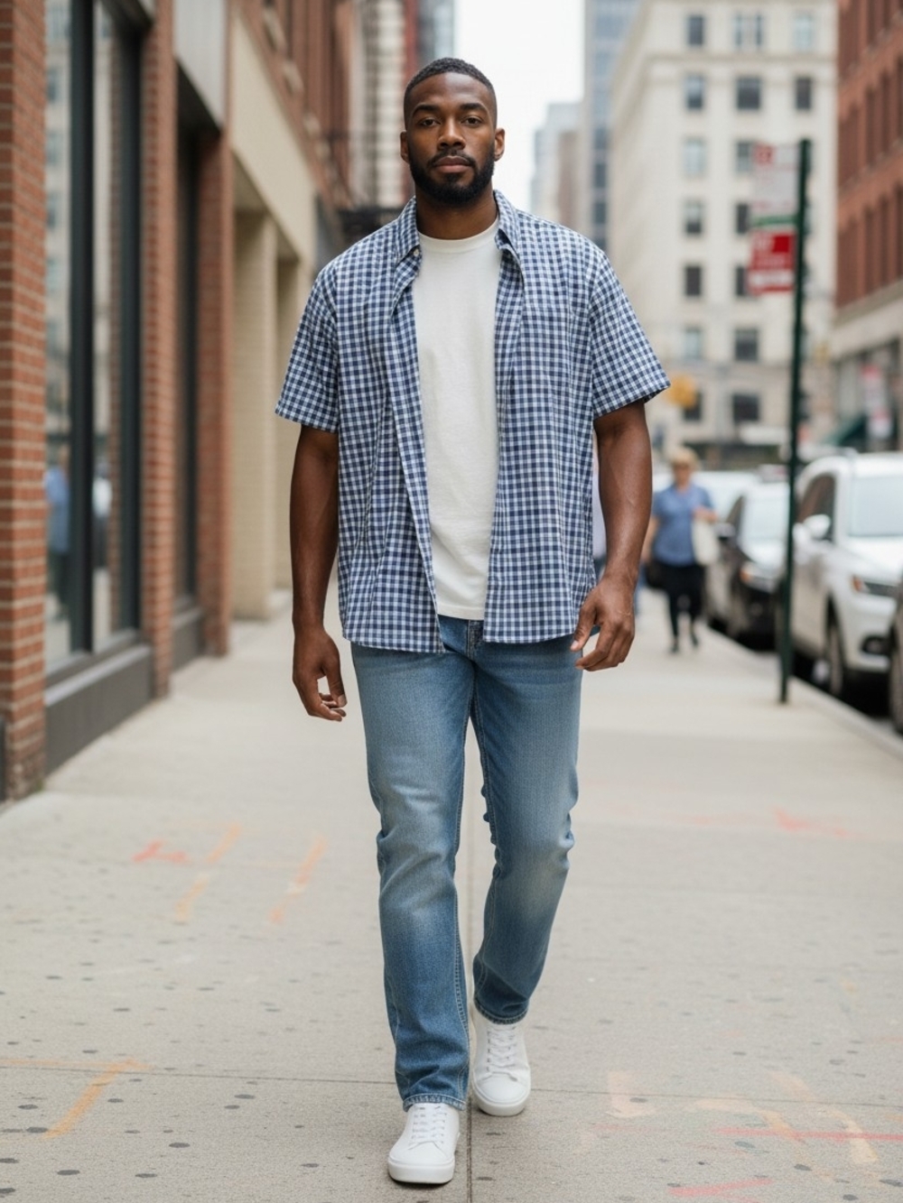 Woolrich Men's Short-Sleeve Blue Checked Button-Up Shirt